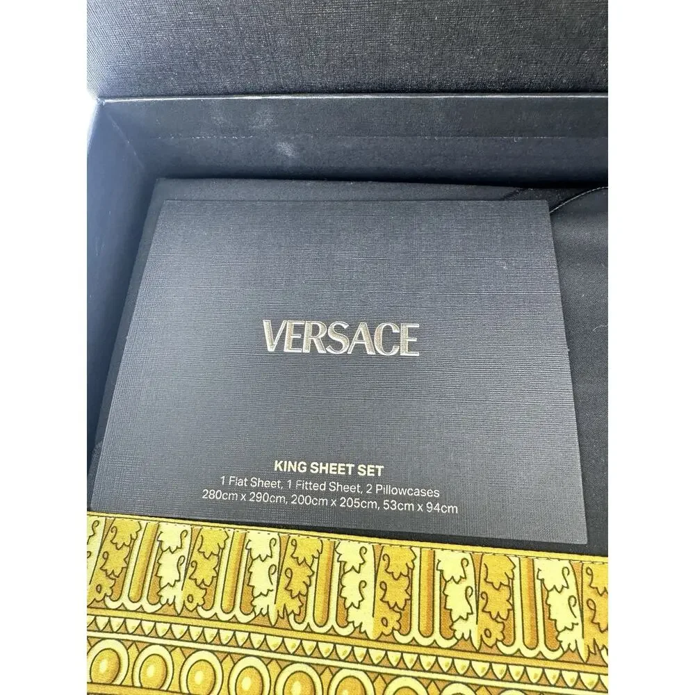 NIB Versace Home Bed Sheet Set 4 Pieces Black Gold Barocco Print Size King